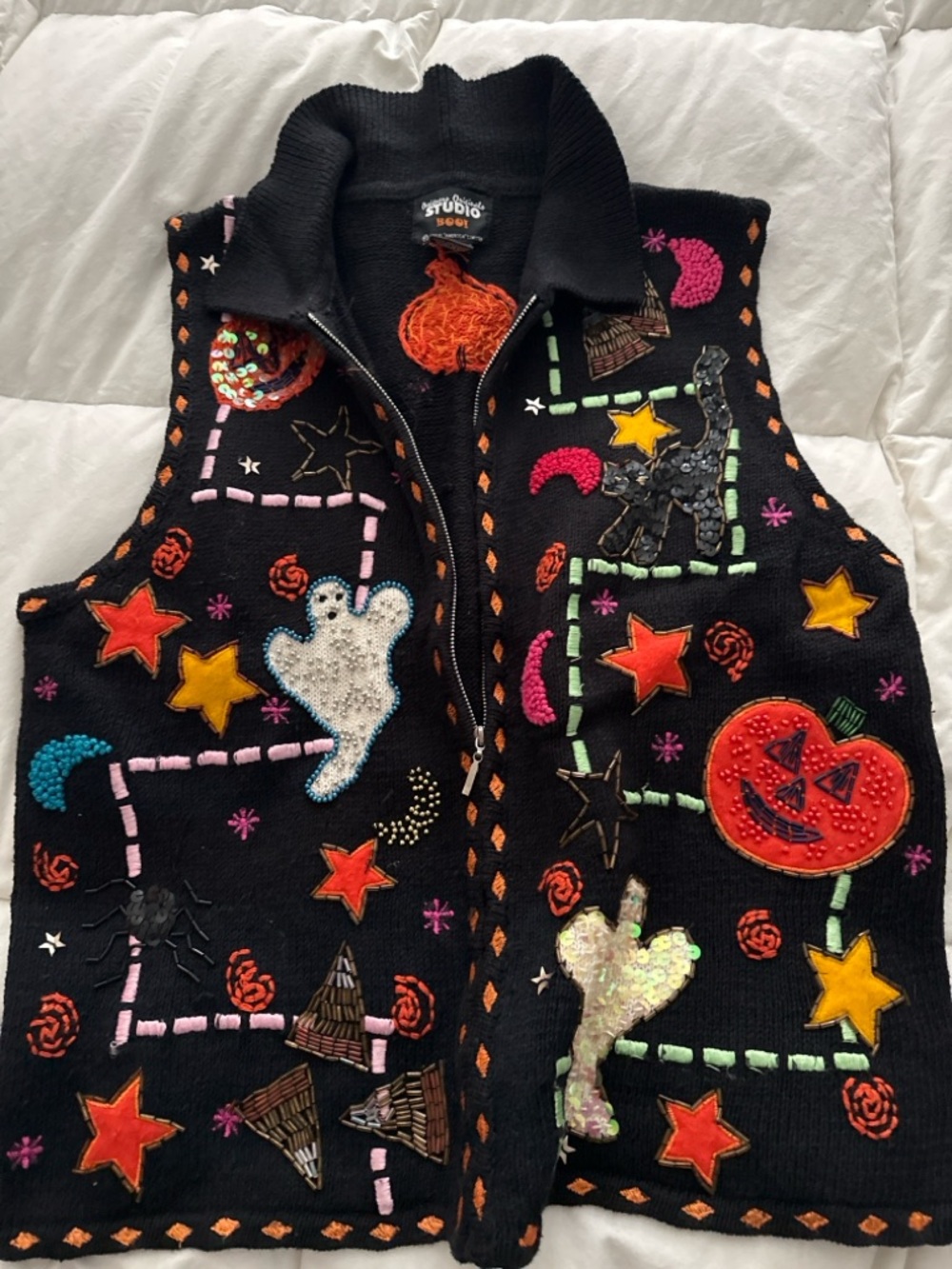 Studio Black Knit Sweater with Orange Pumpkin Accent